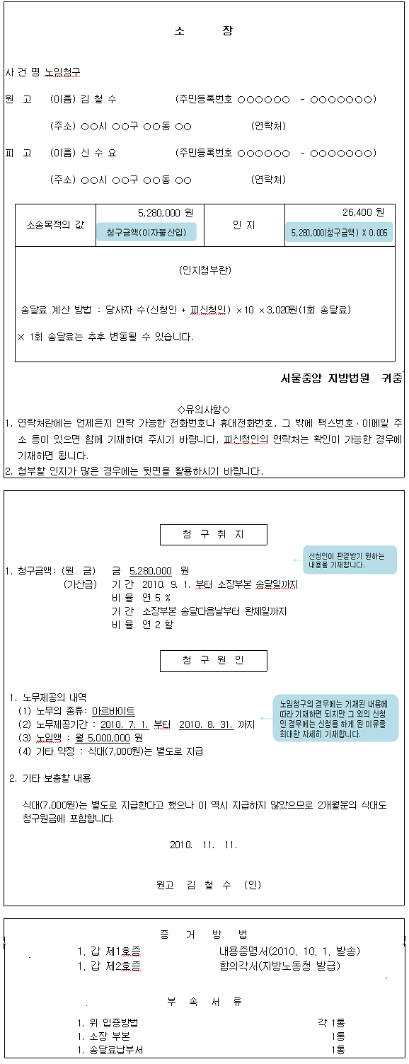 소액사건심판 신청서 작성방법 예시로 사건명, 원고 및 피고의 성명, 주소, 소송목적의 값, 인지액 등의 작성방법을 설명하고 있습니다.